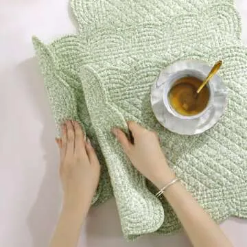 MABOZOO 100% Cotton Quilted Placemats Set of 6,Washable Cloth Table Placemats for Kitchen & Dining Table,Rectangular White Green Floral Plate Mats