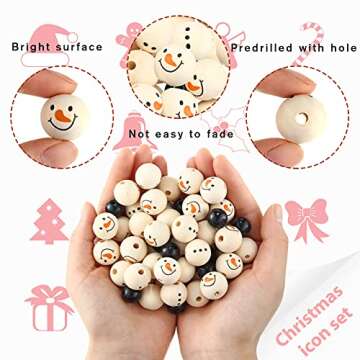Queekay 160 Pcs Christmas Wooden Beads Snowman Wood Polished Rustic Farmhouse Craft with 32.8 Feet Rope for Xmas DIY Craft Supplies Wooden Beads for Gifts(Bead Style,Black and Wood)