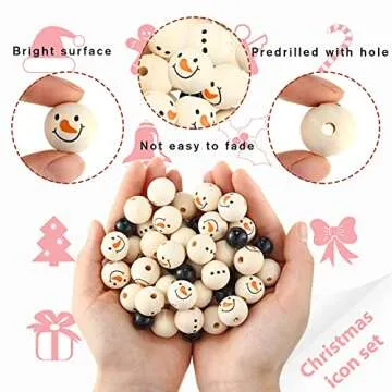 Queekay 160 Pcs Christmas Wooden Beads Snowman Wood Polished Rustic Farmhouse Craft with 32.8 Feet Rope for Xmas DIY Craft Supplies Wooden Beads for Gifts(Bead Style,Black and Wood)