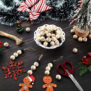 Queekay 160 Pcs Christmas Wooden Beads Snowman Wood Polished Rustic Farmhouse Craft with 32.8 Feet Rope for Xmas DIY Craft Supplies Wooden Beads for Gifts(Bead Style,Black and Wood)