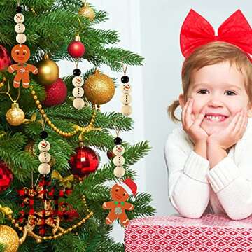 Queekay 160 Pcs Christmas Wooden Beads Snowman Wood Polished Rustic Farmhouse Craft with 32.8 Feet Rope for Xmas DIY Craft Supplies Wooden Beads for Gifts(Bead Style,Black and Wood)