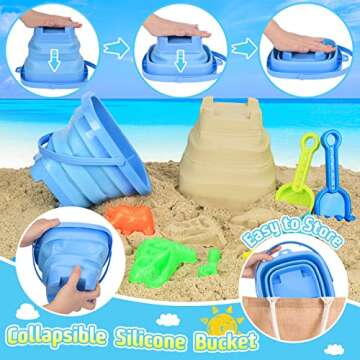 FUSPWEAO Beach Toys, Dinosaur Sand Toys with Dump Truck and Collapsible Beach Bucket, Shovel and Rak...