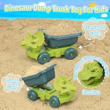 FUSPWEAO Beach Toys, Dinosaur Sand Toys with Dump Truck and Collapsible Beach Bucket, Shovel and Rake, Mesh Bag, Animal Dinosaur Sand Molds, Sand Castle Toys, Sandbox Toys for Toddlers Kids Boys
