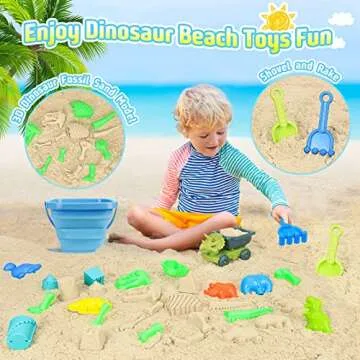 FUSPWEAO Beach Toys, Dinosaur Sand Toys with Dump Truck and Collapsible Beach Bucket, Shovel and Rake, Mesh Bag, Animal Dinosaur Sand Molds, Sand Castle Toys, Sandbox Toys for Toddlers Kids Boys