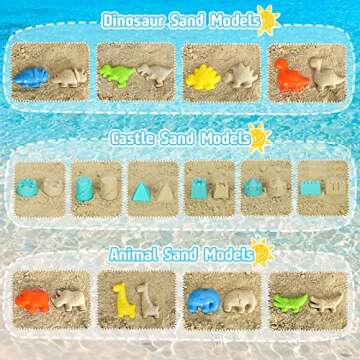 FUSPWEAO Beach Toys, Dinosaur Sand Toys with Dump Truck and Collapsible Beach Bucket, Shovel and Rake, Mesh Bag, Animal Dinosaur Sand Molds, Sand Castle Toys, Sandbox Toys for Toddlers Kids Boys