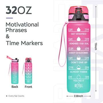 Elvira 32oz Motivational Fitness Sports Water Bottle with Time Marker & Removable Strainer,Fast Flow...