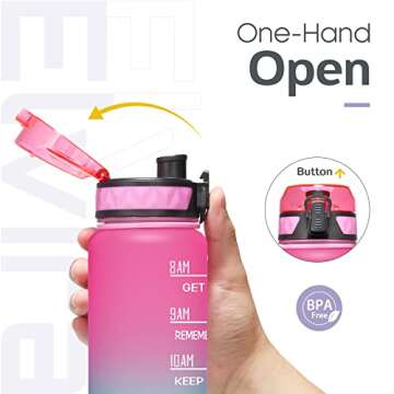Elvira 32oz Motivational Fitness Sports Water Bottle with Time Marker & Removable Strainer,Fast Flow,Flip Top Leakproof Durable BPA Free