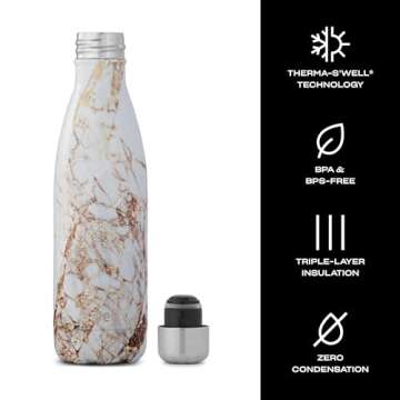 S'well Stainless Steel Water Bottle, 17oz, Calacatta Gold, Triple Layered Vacuum Insulated Containers Keeps Drinks Cold for 36 Hours and Hot for 18, BPA Free, Perfect for On the Go