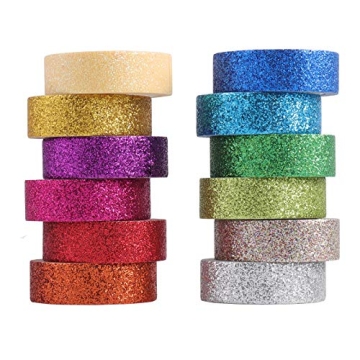 Tesuivra DIY Glitter Washi Tape Set - 12 Rolls Colored Masking Tape, Sparkle Decorative Tape for Art...