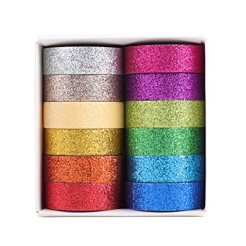 Tesuivra Glitter Washi Tape Set - 12 Colorful Rolls for Crafts