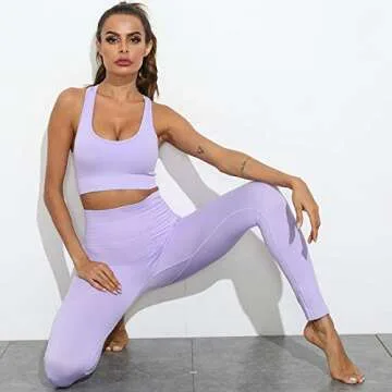 Beaufident Women Workout Set Active 2 Pieces Tracksuit Yoga Leggings with Paded Sports Bra Gym Outfits Purple Ochid