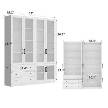 Homsee Extra Large Bookcase Bookshelf with Lights, Glass Doors & Adjustable Shelf, Wooden Display St...