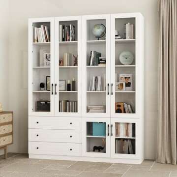 Homsee Extra Large Bookcase Bookshelf with Lights, Glass Doors & Adjustable Shelf, Wooden Display Storage Cabinet with 3 Drawers and 10 Shelves for Home Office, Living Room, White