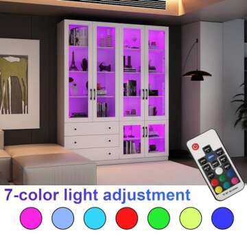 Homsee Extra Large Bookcase Bookshelf with Lights, Glass Doors & Adjustable Shelf, Wooden Display Storage Cabinet with 3 Drawers and 10 Shelves for Home Office, Living Room, White