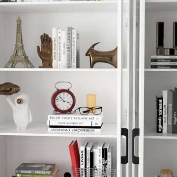 Homsee Extra Large Bookcase Bookshelf with Lights, Glass Doors & Adjustable Shelf, Wooden Display Storage Cabinet with 3 Drawers and 10 Shelves for Home Office, Living Room, White