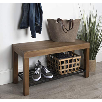 Kate and Laurel Jeran Entryway Farmhouse Bench with Iron Shoe Shelf, Rustic Brown Wood with Black Metal