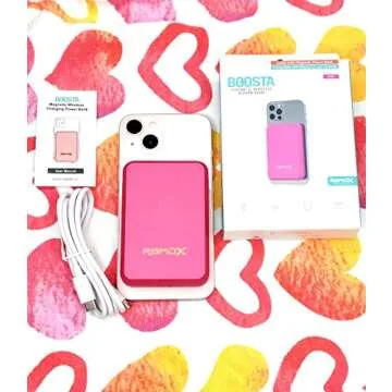 RapidX Boosta Wireless Portable Magnetic Charger, 5000 mAh Power Bank MagSafe Compatible, Works with iPhone 15/15 Pro and Pro Max, iPhone 14, 13 and 12 Series (Pink)