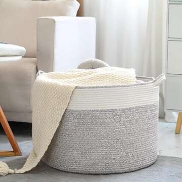 miberte Large Cotton Rope Basket-Throw Blanket Storage Basket 22" x 22" x 14" for Pillows in Living Room Woven Baby Laundry Basket with Handle,Nursery Basket Soft Toy Storage Basket Brown & White