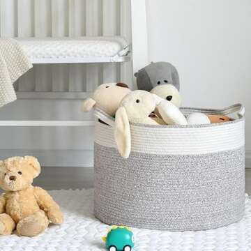 miberte Large Cotton Rope Basket-Throw Blanket Storage Basket 22" x 22" x 14" for Pillows in Living Room Woven Baby Laundry Basket with Handle,Nursery Basket Soft Toy Storage Basket Brown & White