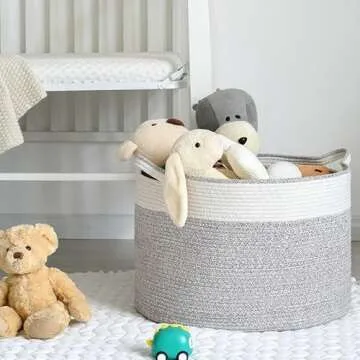 miberte Large Cotton Rope Basket-Throw Blanket Storage Basket 22" x 22" x 14" for Pillows in Living Room Woven Baby Laundry Basket with Handle,Nursery Basket Soft Toy Storage Basket Brown & White