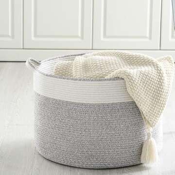 miberte Large Cotton Rope Basket-Throw Blanket Storage Basket 22" x 22" x 14" for Pillows in Living Room Woven Baby Laundry Basket with Handle,Nursery Basket Soft Toy Storage Basket Brown & White