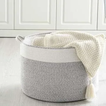 miberte Large Cotton Rope Basket-Throw Blanket Storage Basket 22" x 22" x 14" for Pillows in Living Room Woven Baby Laundry Basket with Handle,Nursery Basket Soft Toy Storage Basket Brown & White