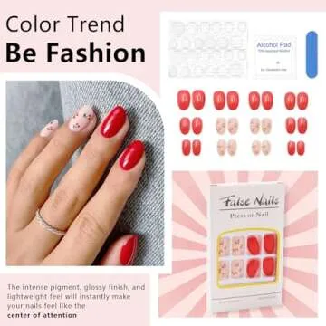 24 Pcs Cherry Press on Nails Extra Short Fake Nails Design False Nails Almond Shaped Pink Red Glossy Cute Fruit Reusable Full Cover Acrylic Nails Small Stick on Nails for Women's Daily Nails Art