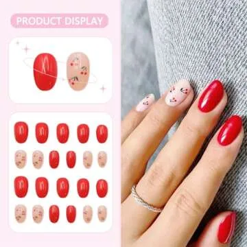 24 Pcs Cherry Press on Nails Extra Short Fake Nails Design False Nails Almond Shaped Pink Red Glossy Cute Fruit Reusable Full Cover Acrylic Nails Small Stick on Nails for Women's Daily Nails Art