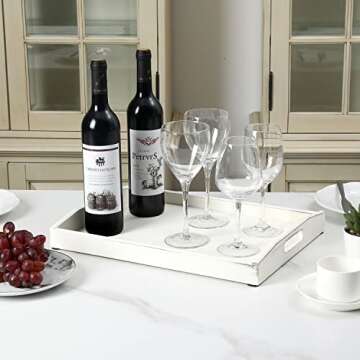 MyGift Rustic Vintage White Wood Serving Tray with Handles, Farmhouse Ottoman Coffee Tray, 16 x 12 I...