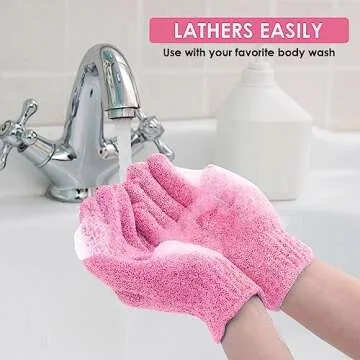 Sibba 2Pcs Exfoliating Wash Gloves Dual Texture Bath Gloves for Shower Body Scrub Exfoliating Mitt Dead Skin Remover Exfoliator Mitten Natural Body Loofah Washcloth (2pcs Pink)