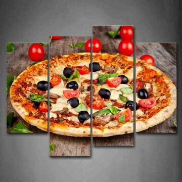 Pizza with Tomatoes and Leaves Canvas Wall Art - Vibrant Food Decor for Home