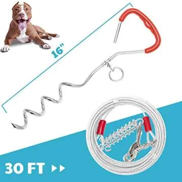 Dog Tie Out Cable and Stake - Heavy Duty Long Dog Leash 30ft for Meidum Large Dogs - Tangle Free Rop...