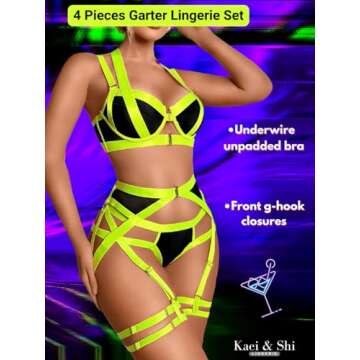 Kaei&Shi Sexy Lingerie Set - Garter Belt Thong & Underwire Corset - Black & Neon Green