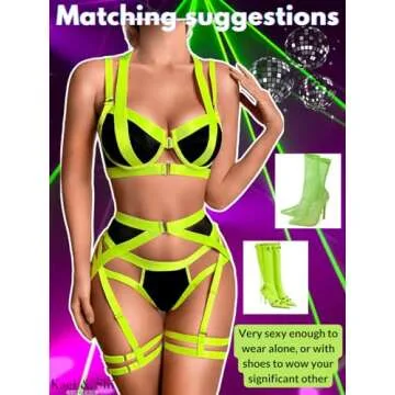 Kaei&Shi Women's Sexy Garter Lingerie Set - Black Neon