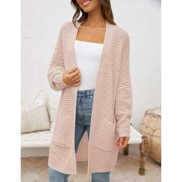 ZESICA Women's Fall Long Batwing Sleeve Open Front Chunky Knit Cardigan Sweater,Pink,Large