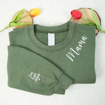 Custom Embroidered Mama EST Crewneck Sweatshirt - Personalized Sleeve Embroidery, New Mom Pullover A...
