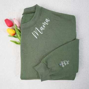 Custom Embroidered Mama EST Crewneck Sweatshirt - Personalized Sleeve Embroidery, New Mom Pullover A5