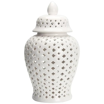 VOSAREA Ginger Jar Traditional Pierced Ginger Jar with Lid Ceramic Vase Carved Lattice Decorative Te...