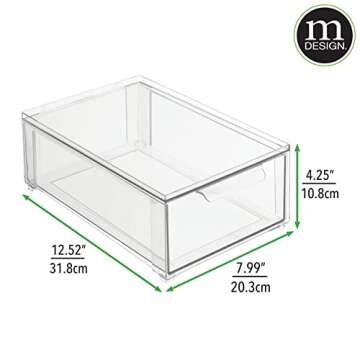 mDesign Plastic Stackable Closet Storage Organizer Bins with Pull Out Drawer for Cabinet, Desk, Shelf, Cupboard, or Dresser Organization - Lumiere Collection - 4 Pack - Clear