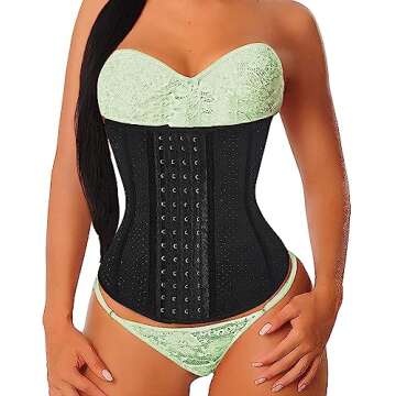 YIANNA Waist Trainer for Women Latex Underbust Waist Corsets Cincher Hourglass Body Shaper 4 Hooks, (Size M, Black)