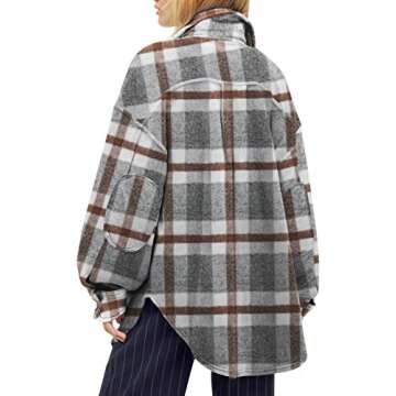 Fisoew Womens Oversized Plaid Shacket Long Sleeve Button Down Shirt Jacket Casual Coats with Pockets