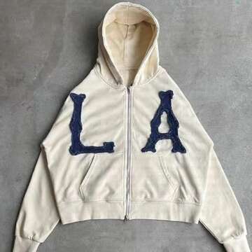 Dynict Unisex Letter Embroidery Trendy Hoodies Zip Up Casual Overszie Colorful Y2K Hip Hop Streetwear Harajuku Jacket (White,Small)