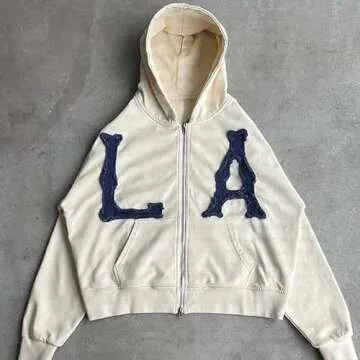 Dynict Unisex Letter Embroidery Trendy Hoodies Zip Up Casual Overszie Colorful Y2K Hip Hop Streetwear Harajuku Jacket (White,Small)