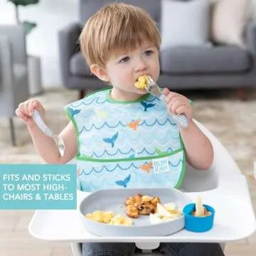 Bumkins Toddler and Baby Suction Plate, Silicone Grip Dish for Babies and Kids, Baby Led Weaning, Children Feeding Supplies, Non Skid Sticky Bottom, Platinum Silicone, Ages 6 Months Up, Gray