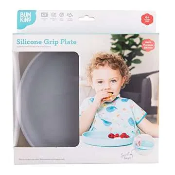 Bumkins Toddler and Baby Suction Plate, Silicone Grip Dish for Babies and Kids, Baby Led Weaning, Children Feeding Supplies, Non Skid Sticky Bottom, Platinum Silicone, Ages 6 Months Up, Gray