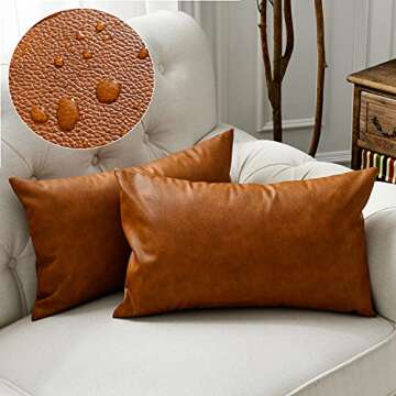 Zceconce Faux Leather Pillow Covers Waterproof Outdoor Lumbar Pillows for Patio Furniture Couch, Set of 2 Durable Thick Rectangle Throw Pillows, 12x20 Inch, Brown