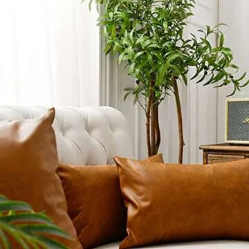 Zceconce Faux Leather Pillow Covers Waterproof Outdoor Lumbar Pillows for Patio Furniture Couch, Set of 2 Durable Thick Rectangle Throw Pillows, 12x20 Inch, Brown