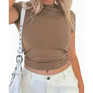 ABKY Short Sleeve Shirt for Women Summer Sexy Fashion Bodycon Fitted Y2K Clothing Basic Baby Tee Tshirt Brown S