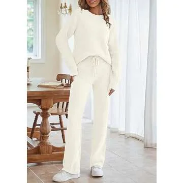 MEROKEETY Womens Fuzzy Fleece Long Sleeve 2 Piece Loungewear Outfits Sweater Pants Pajama Sets, Beig...