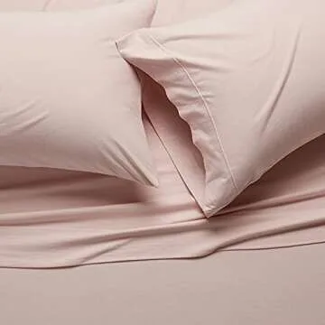 Amazon Basics 4 Piece Bed Sheets Set, 100% Cotton Jersey, Includes Super Soft, Flat and Fitted Sheets, Pillowcase, Queen, Blush, Solid